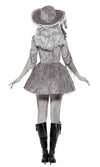 Back view of a model wearing a silver and white pirate costume with a jacket, dress, and attached petticoat, posing with a pirate-style hat.