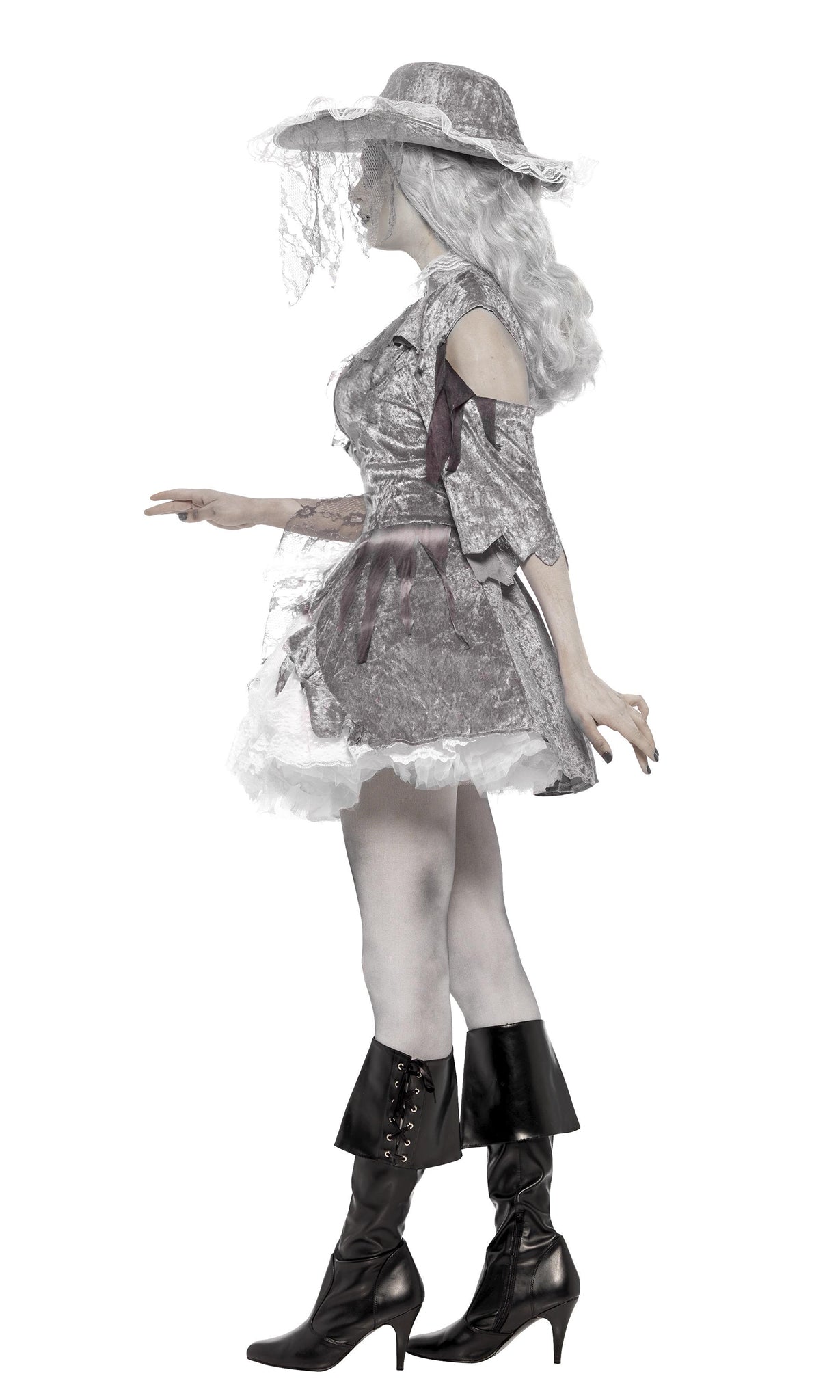 Side view of a model wearing a silver and white pirate costume with a jacket, dress, and attached petticoat, posing with a pirate-style hat.