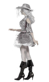 Side view of a model wearing a silver and white pirate costume with a jacket, dress, and attached petticoat, posing with a pirate-style hat.