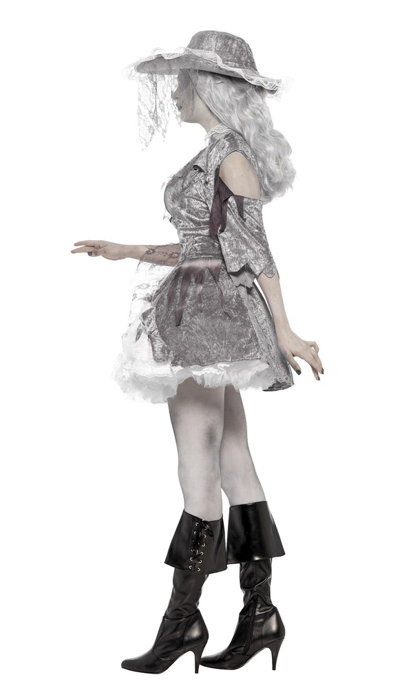 Side view of a model wearing a silver and white pirate costume with a jacket, dress, and attached petticoat, posing with a pirate-style hat.