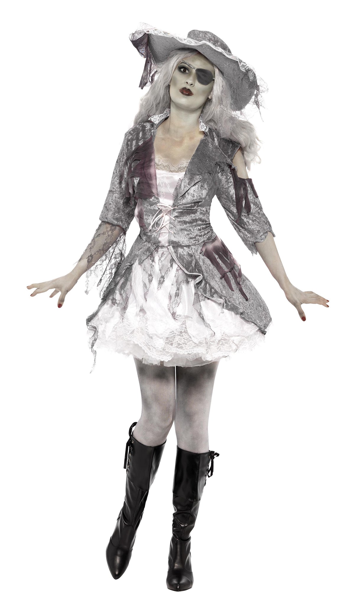 A female model wearing a silver and white pirate costume with a jacket, dress, and attached petticoat, posing with a pirate-style hat.