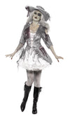 A female model wearing a silver and white pirate costume with a jacket, dress, and attached petticoat, posing with a pirate-style hat.