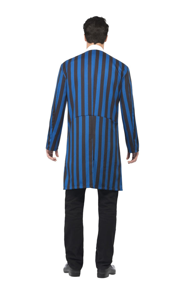 Back of long blue and black Gomez Addams jacket with mock shirt and bowtie