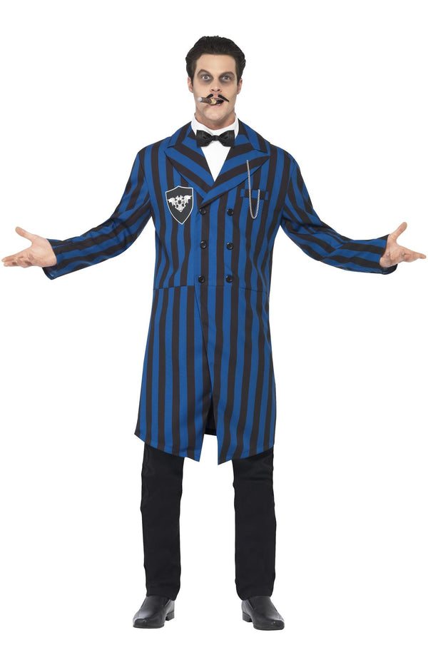 Long blue and black Gomez Addams jacket with mock shirt and bowtie