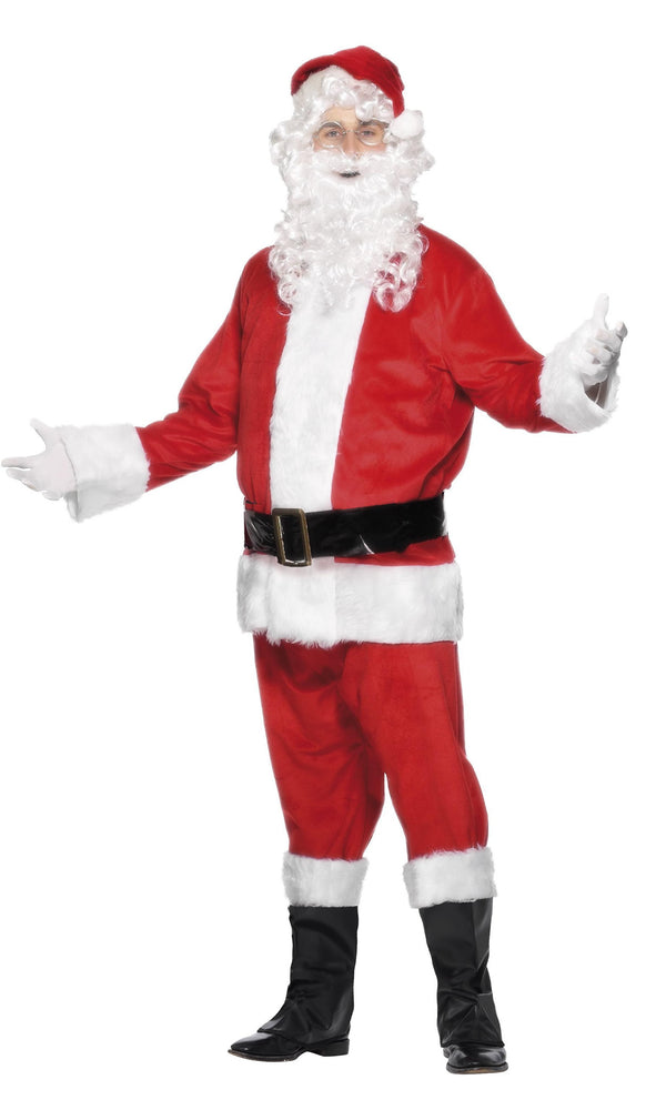 Velour Santa costume with belt, boot tops and beard