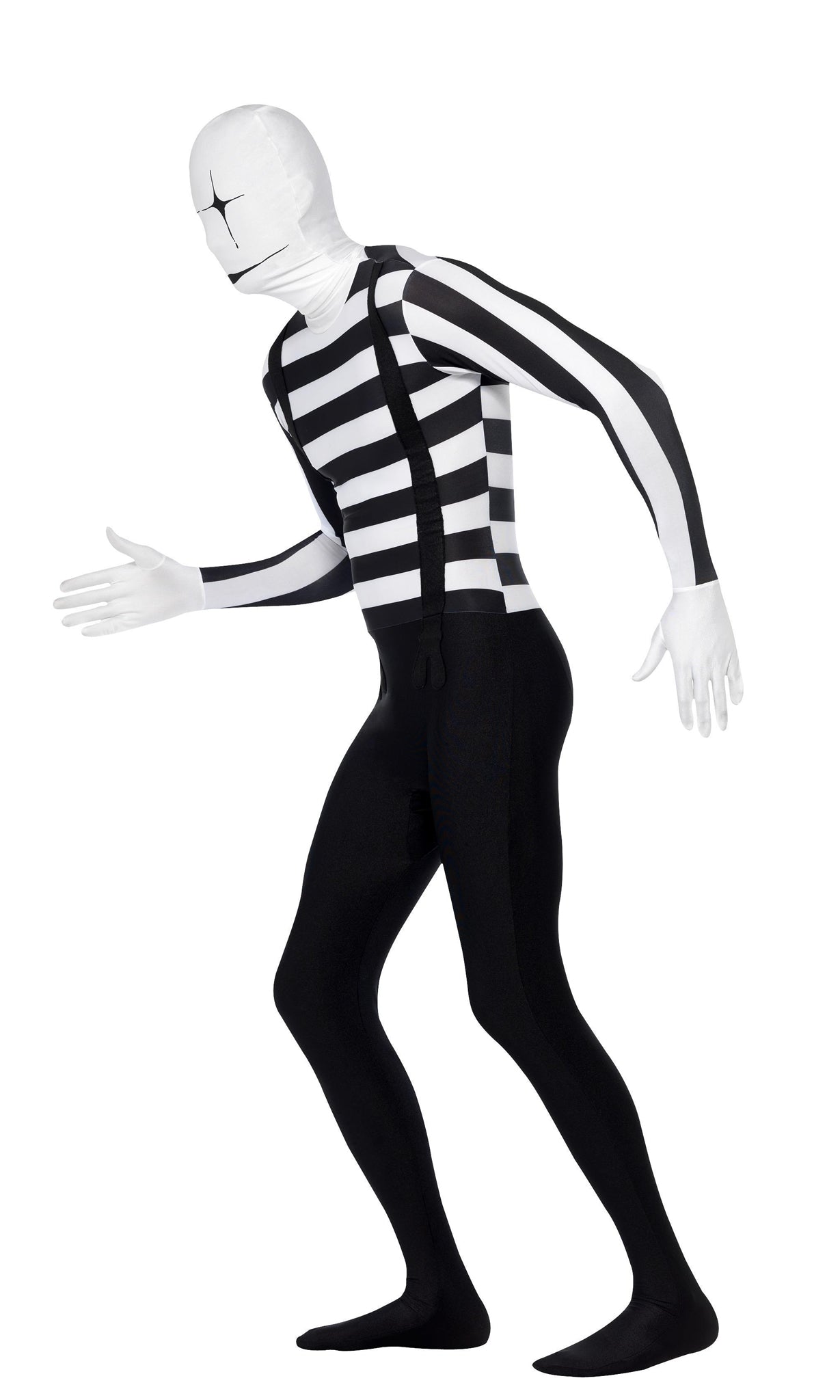 Side of second skin lycra bodysuit with suspenders and hat