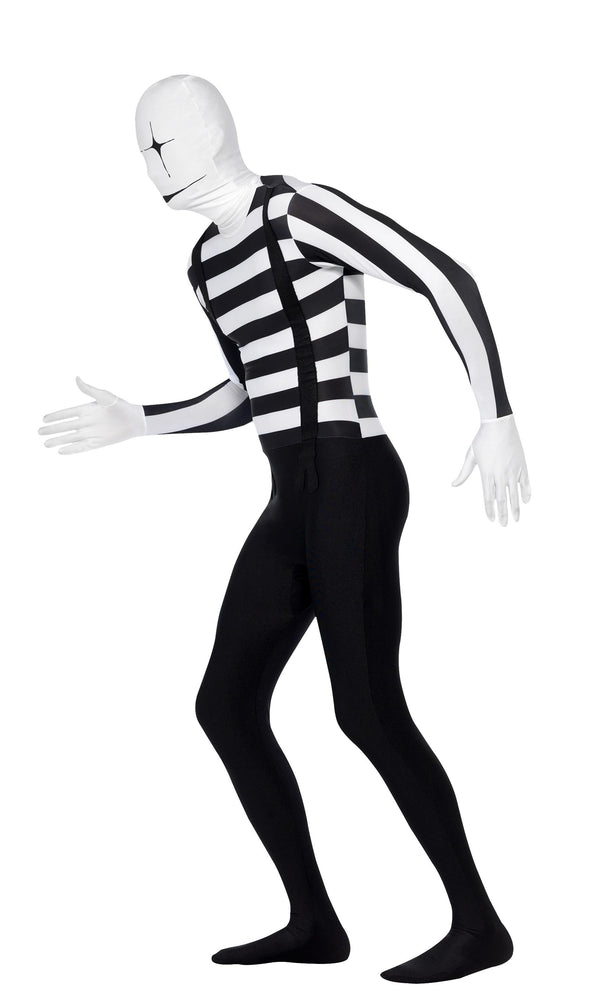 Side of second skin lycra bodysuit with suspenders and hat