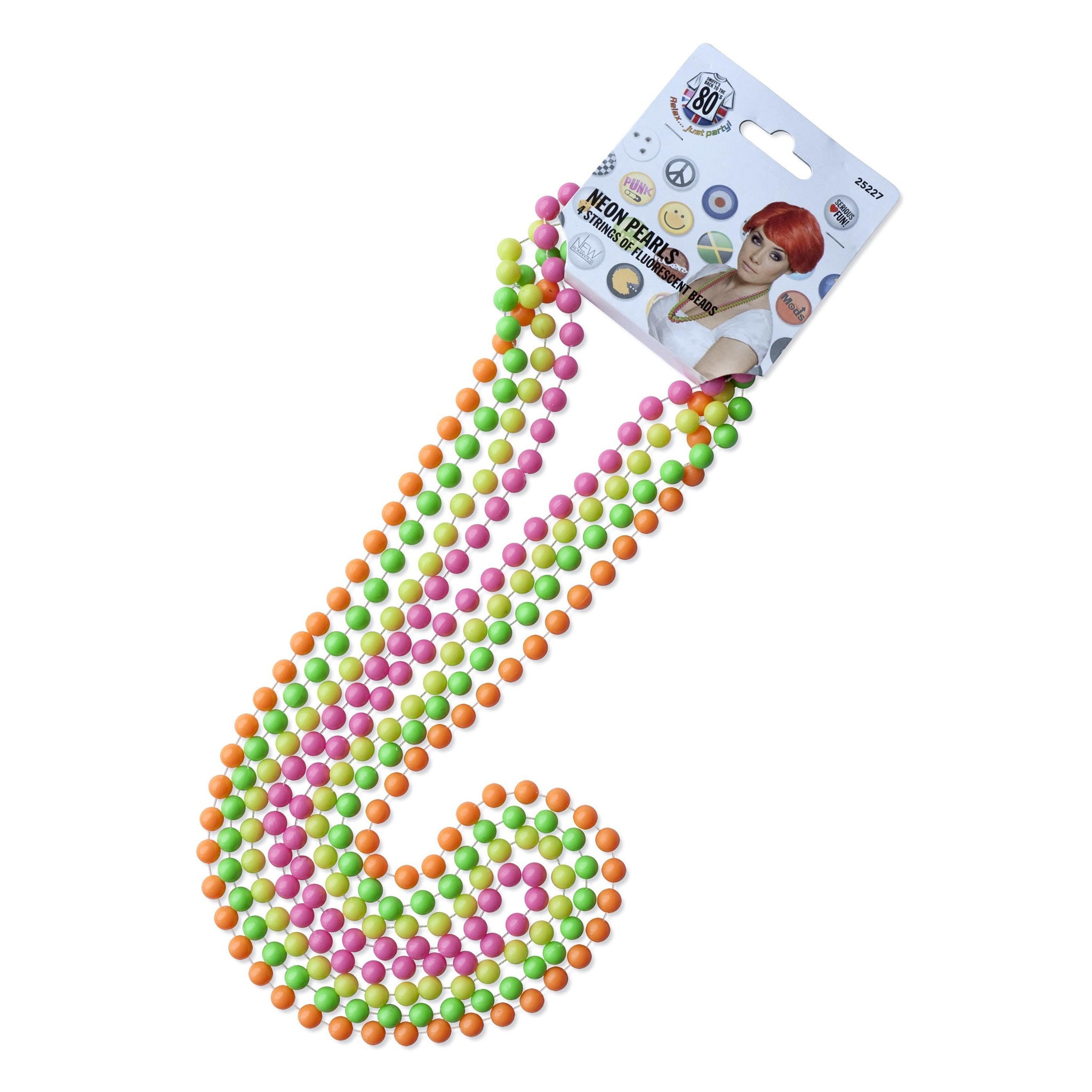 Four strings of neon pearls on a white background