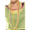 Four strings of neon pearls worn by a female in a 1990s style top neon green mesh top