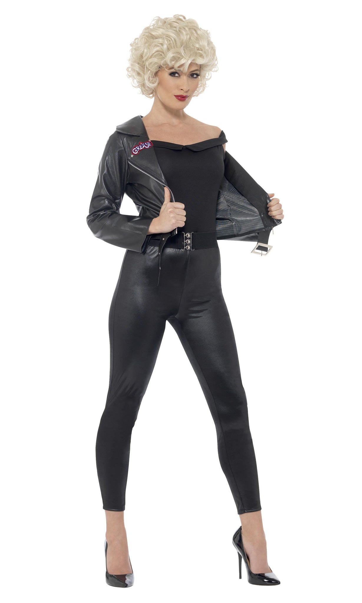 Grease Bad Sandy leggings, jacket with Grease logo, top and belt