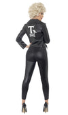Back of Grease Bad Sandy leggings, jacket with Grease logo, top and belt