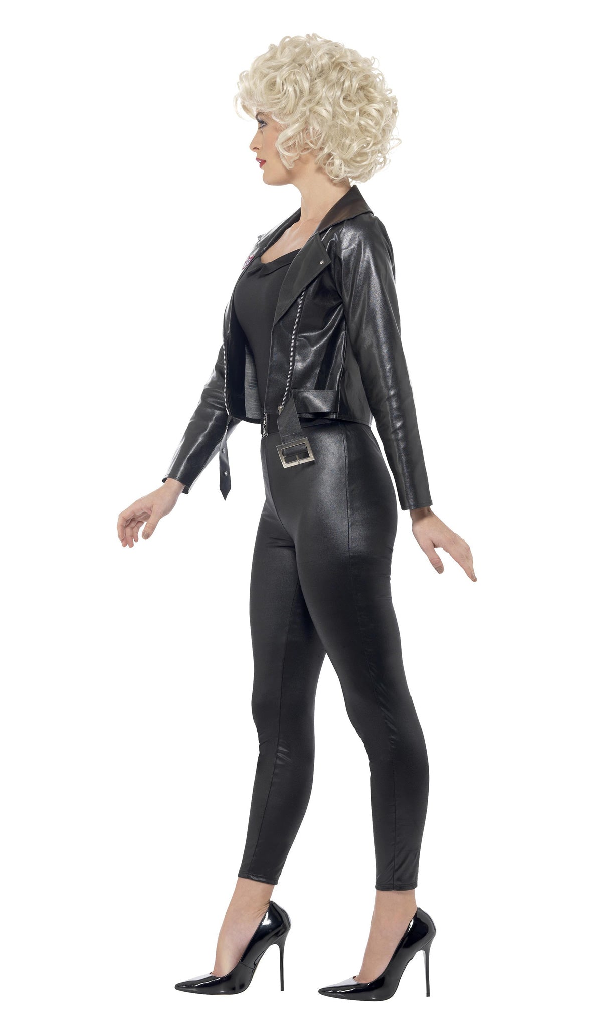 Side of Grease Bad Sandy leggings, jacket with Grease logo, top and belt