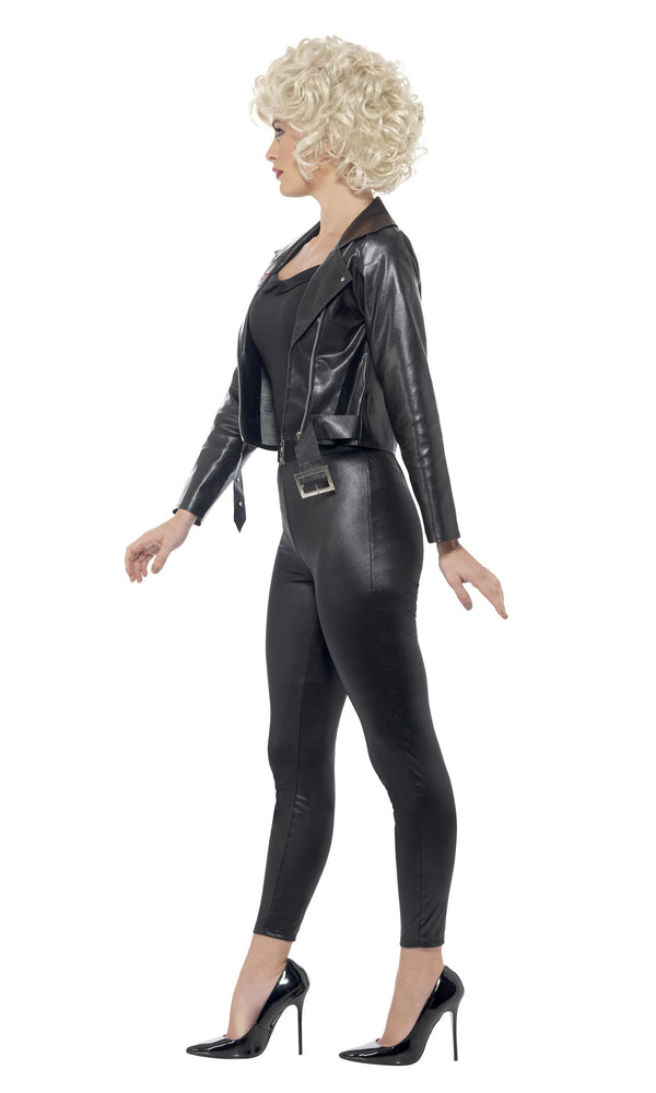 Side of Grease Bad Sandy leggings, jacket with Grease logo, top and belt