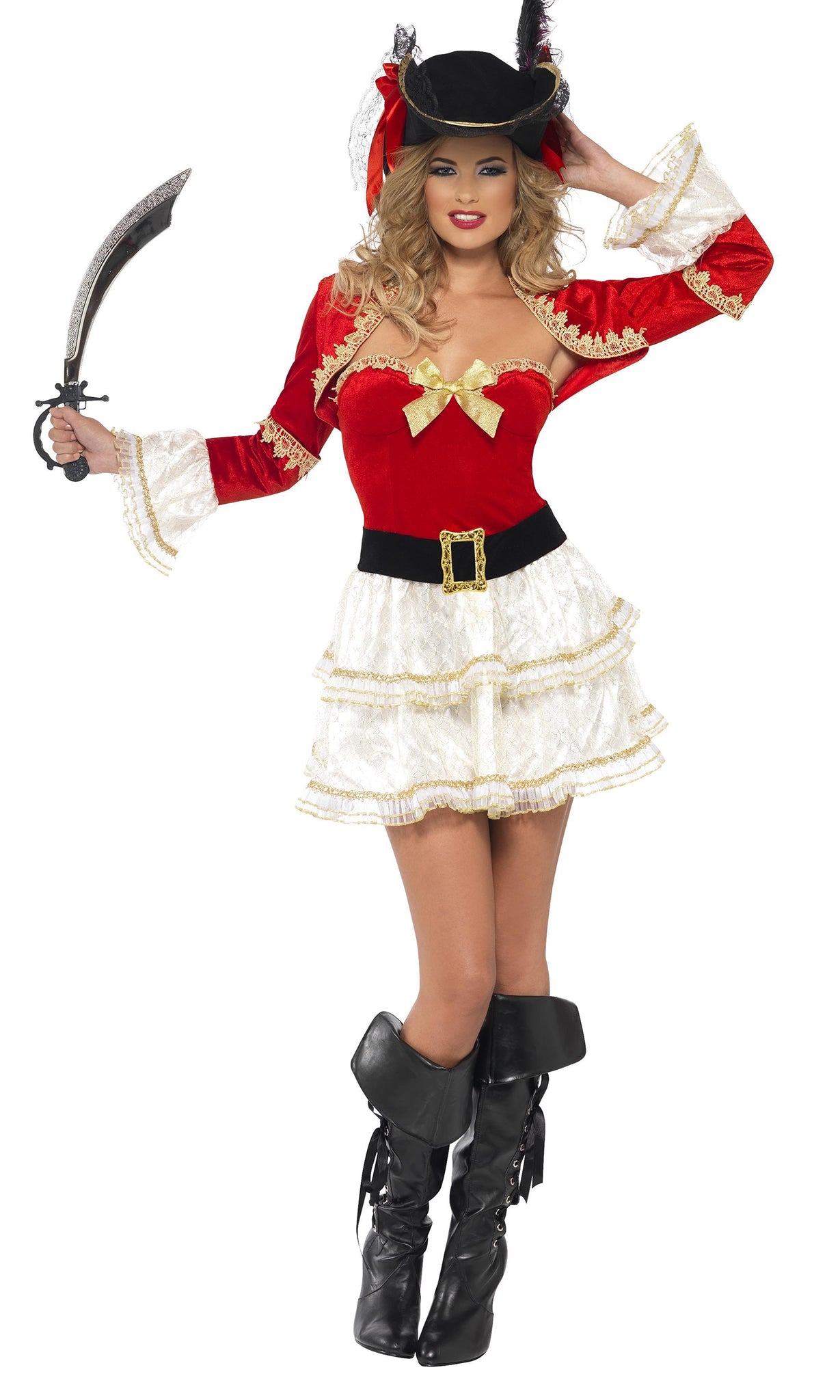 Short red and white pirate dress with red crop jacket and black belt with gold buckle