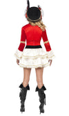 Back of short red and white pirate dress with red crop jacket and black belt with gold buckle