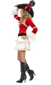 Side of short red and white pirate dress with red crop jacket and black belt with gold buckle
