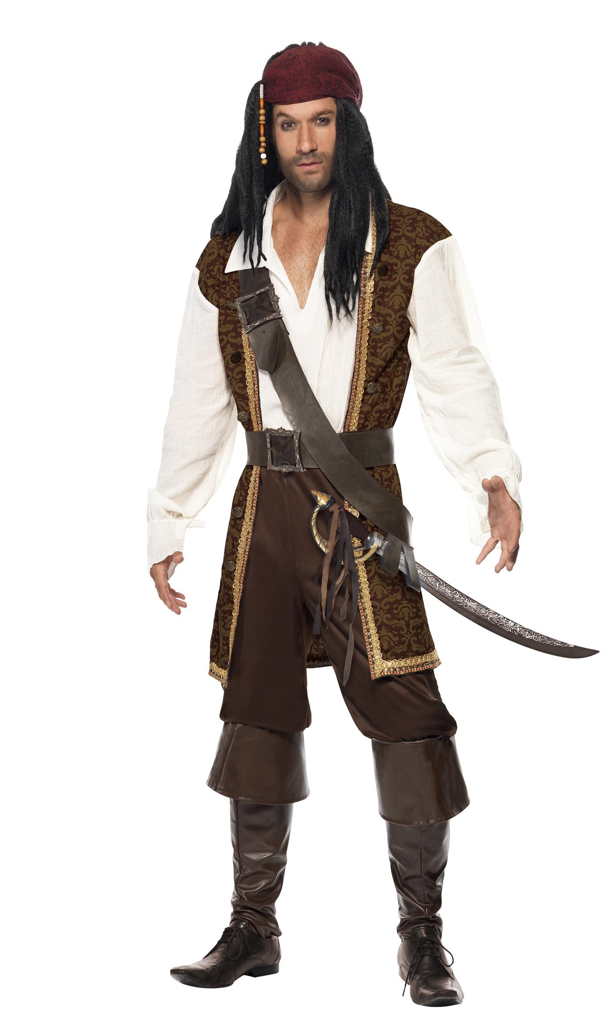 A man in a brown and white pirate costume with a headpiece and boot tops
