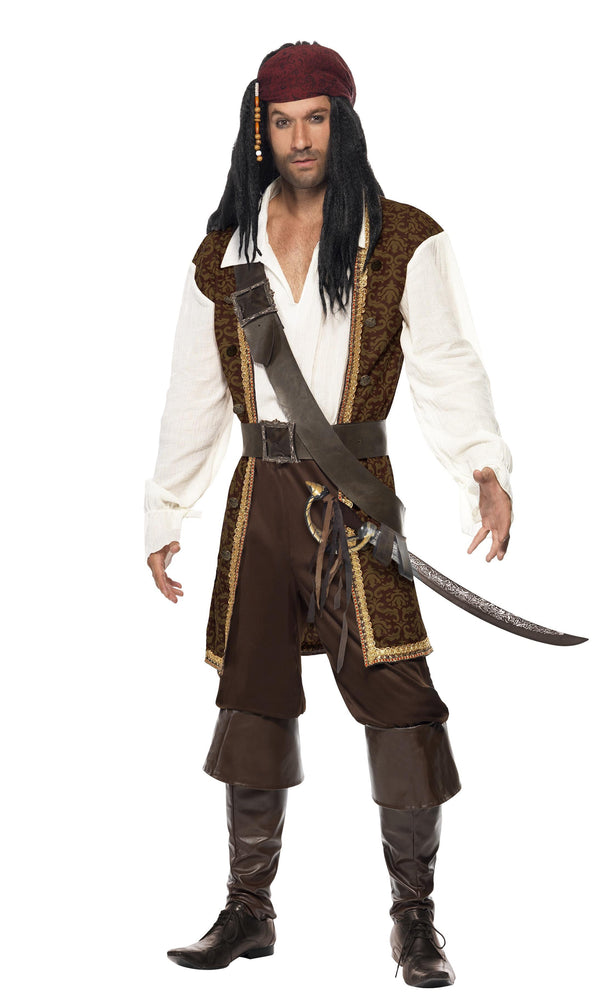 A man in a brown and white pirate costume with a headpiece and boot tops