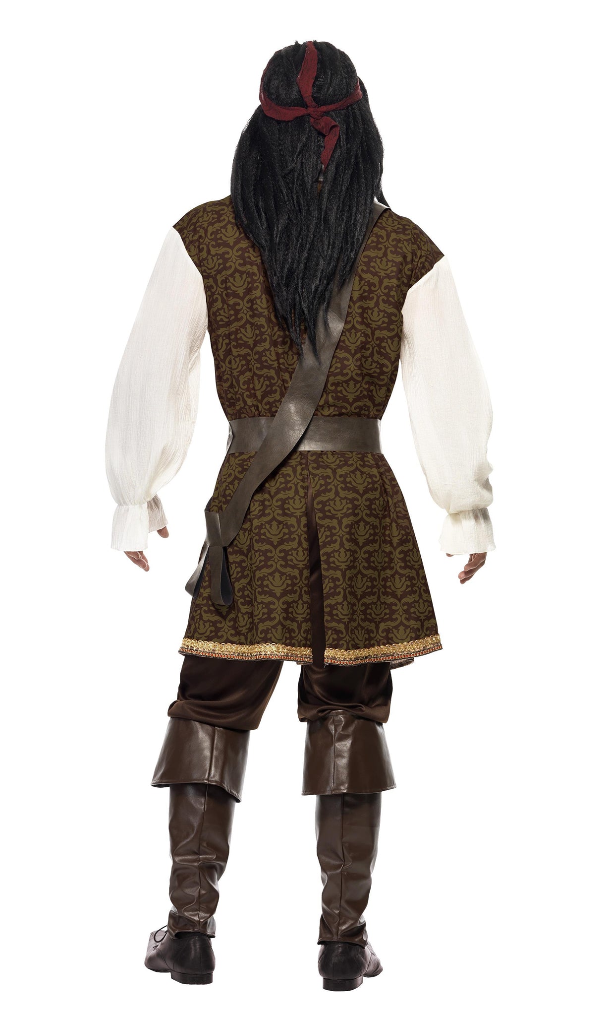 Back of a man in a brown and white pirate costume with a headpiece and boot tops