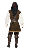 Back of a man in a brown and white pirate costume with a headpiece and boot tops