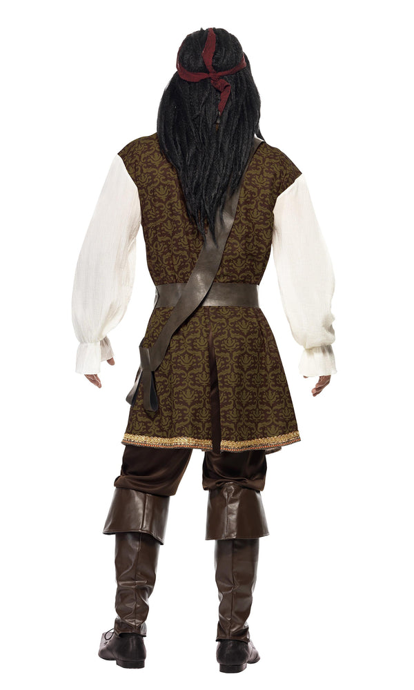 Back of a man in a brown and white pirate costume with a headpiece and boot tops