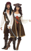 A couple in matching brown and white pirate costumes