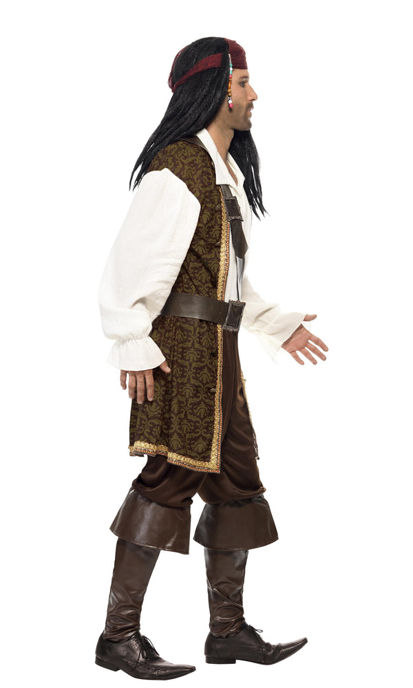 Side view of a man in a brown and white pirate costume with a headpiece and boot tops
