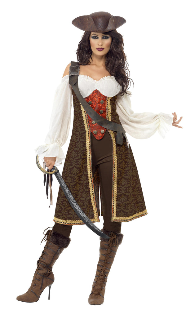 A women dressed in a brown and white pirate costume with hat and holding a sword