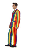 Side of rainbow pride suit jacket, pants and tie