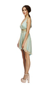 Side of short blue Grecian style dress with overdress and belt