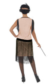 Back of pink flapper dress with headband, necklace and black boa