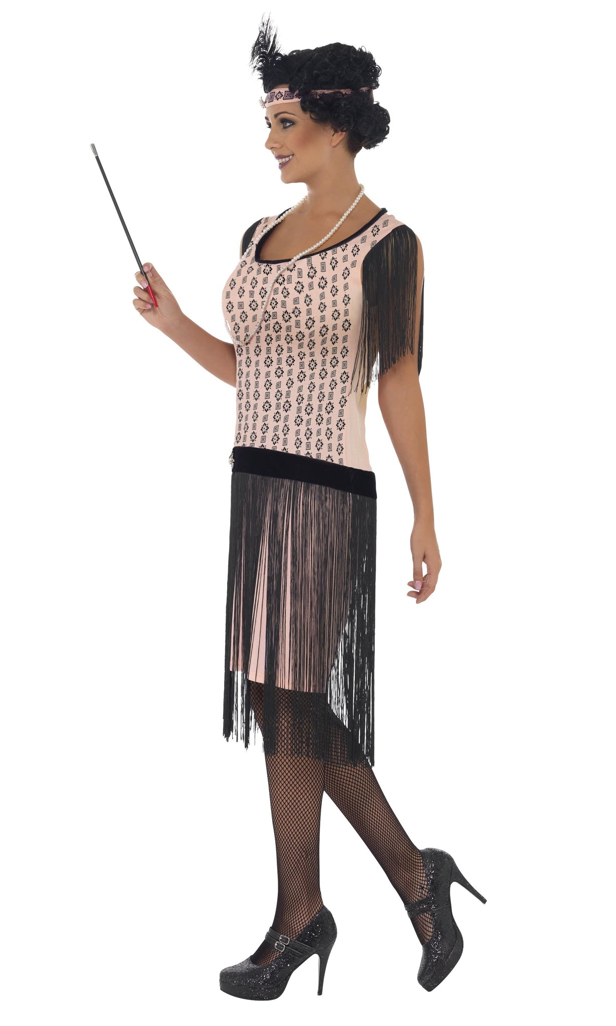 Side of pink flapper dress with headband, necklace and black boa