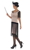 Side of pink flapper dress with headband, necklace and black boa