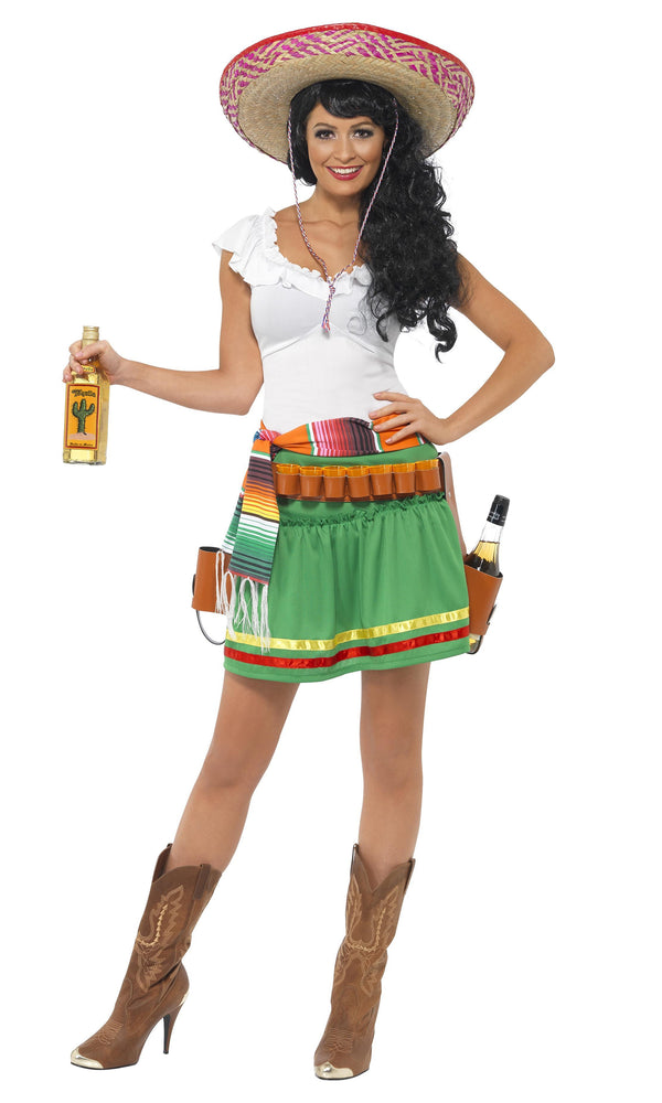Short white green and white Mexican dress, with shot belt and holsters