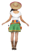 Back of short white green and white Mexican dress, with shot belt and holsters