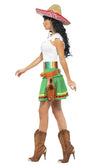 Side of short white green and white Mexican dress, with shot belt and holsters