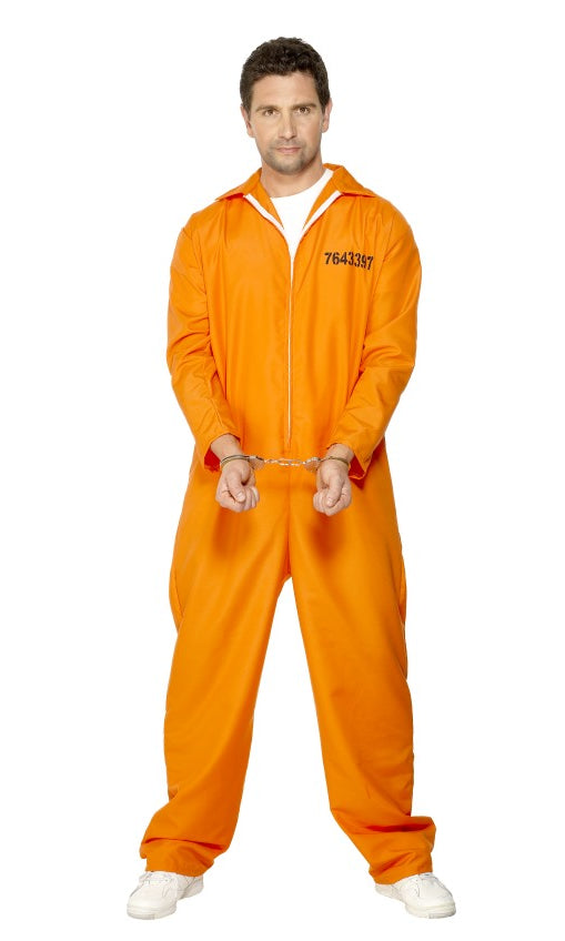 Orange prisoner costume with zip and number on chest, worn by a man with handcuffs and white shoes