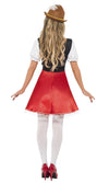 Back of red, white and brown Oktoberfest dress with apron
