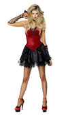 A woman modeling a red and black vampire-style costume with a corset top, collar with choker, skirt, and attached petticoat.