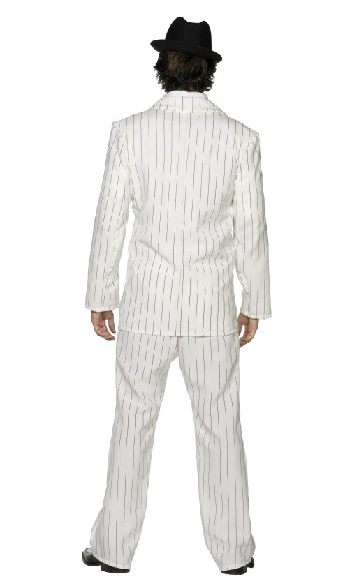 Back of white pin stripe gangster costume with black tie