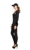 Side of black FBI bodysuit with belt and cap