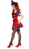 Side of short purple, black and red clown dress with petticoat and hat on headband
