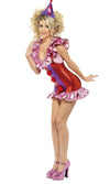 Side of short red and purple clown jumpsuit with hat on headband