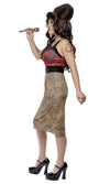 Side view of a woman wearing a costume designed to resemble Amy Winehouse, featuring a leopard print dress with a tartan top and high heels.