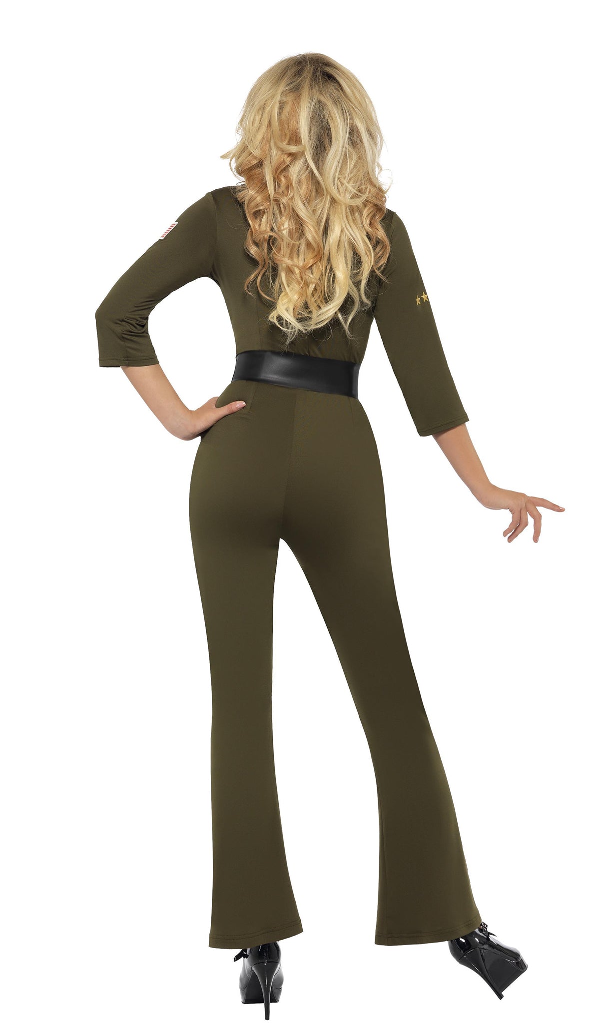 Back of women's long green Top Gun Aviator costume