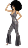 Side of silver disco halter neck catsuit