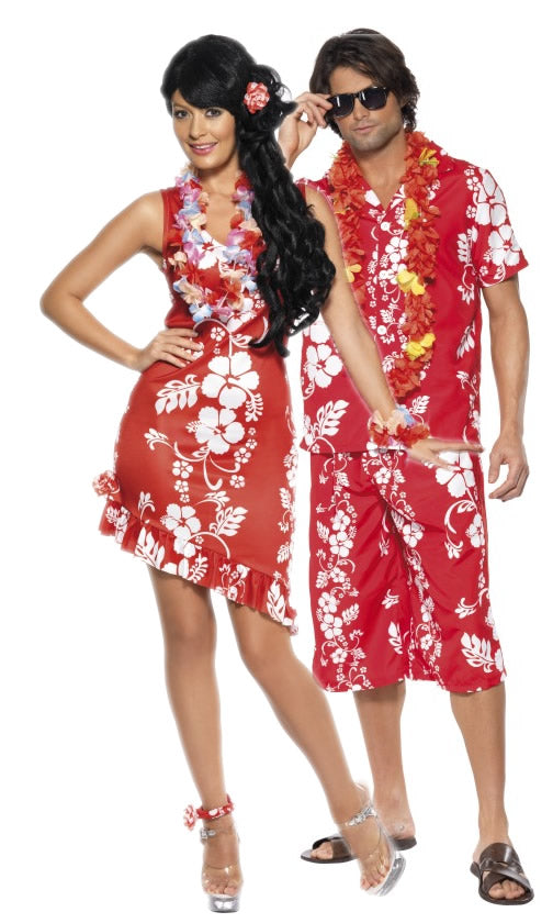 Hawaiian red dress with flower print and lei set, next to matching partner