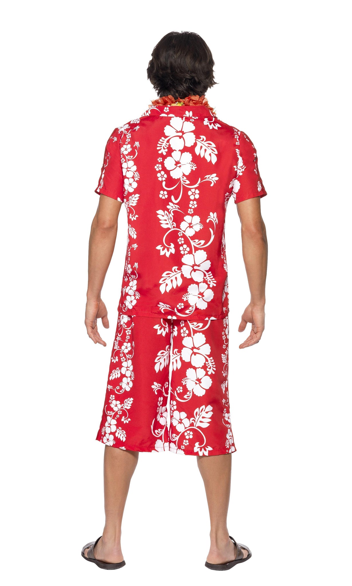 Back of a man wearing a red Hawaiian costume with a lei, consisting of a short-sleeved shirt and matching shorts, standing against a white background.