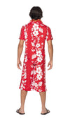 Back of a man wearing a red Hawaiian costume with a lei, consisting of a short-sleeved shirt and matching shorts, standing against a white background.