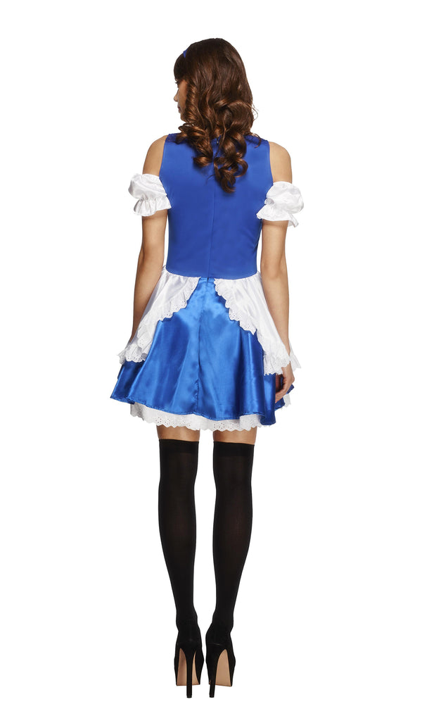Back of blue and white Alice dress with attached apron and head scarf